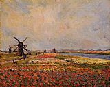 Flowers Canvas Paintings - Fields of Flowers and Windmills near Leiden